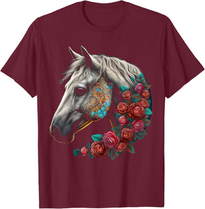 Horse Mandala Flower | Animal Motif Horse T-Shirt - T-Shirt | Maroon