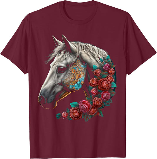 Horse Mandala Flower | Animal Motif Horse T-Shirt - T-Shirt | Maroon