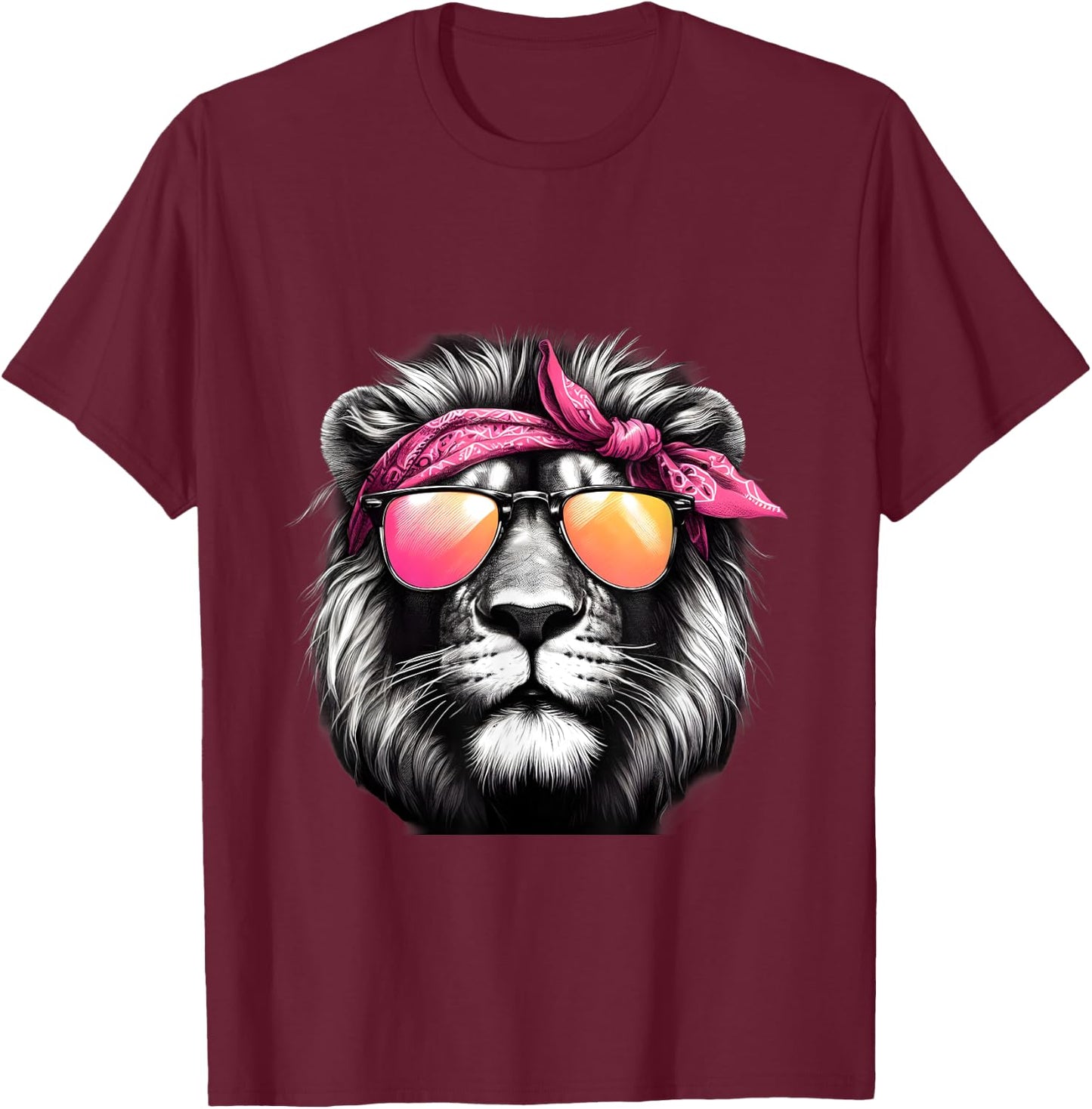 Lion Wearing A Pink Bandana Headband And Sunglasses T-Shirt - T-Shirt | Maroon
