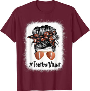 Bleached Football Aunt Life Messy Bun Mother's Day T-Shirt - T-Shirt | Maroon