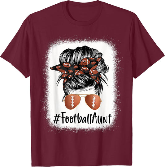 Bleached Football Aunt Life Messy Bun Mother's Day T-Shirt - T-Shirt | Maroon