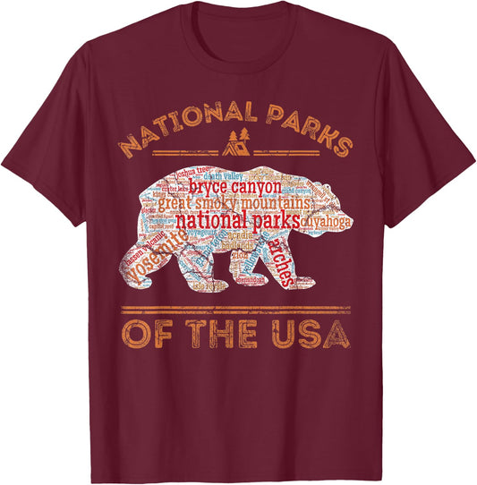 National Parks Bear Hiking Travel Camping Outdoors Retro USA T-Shirt - T-Shirt | Maroon