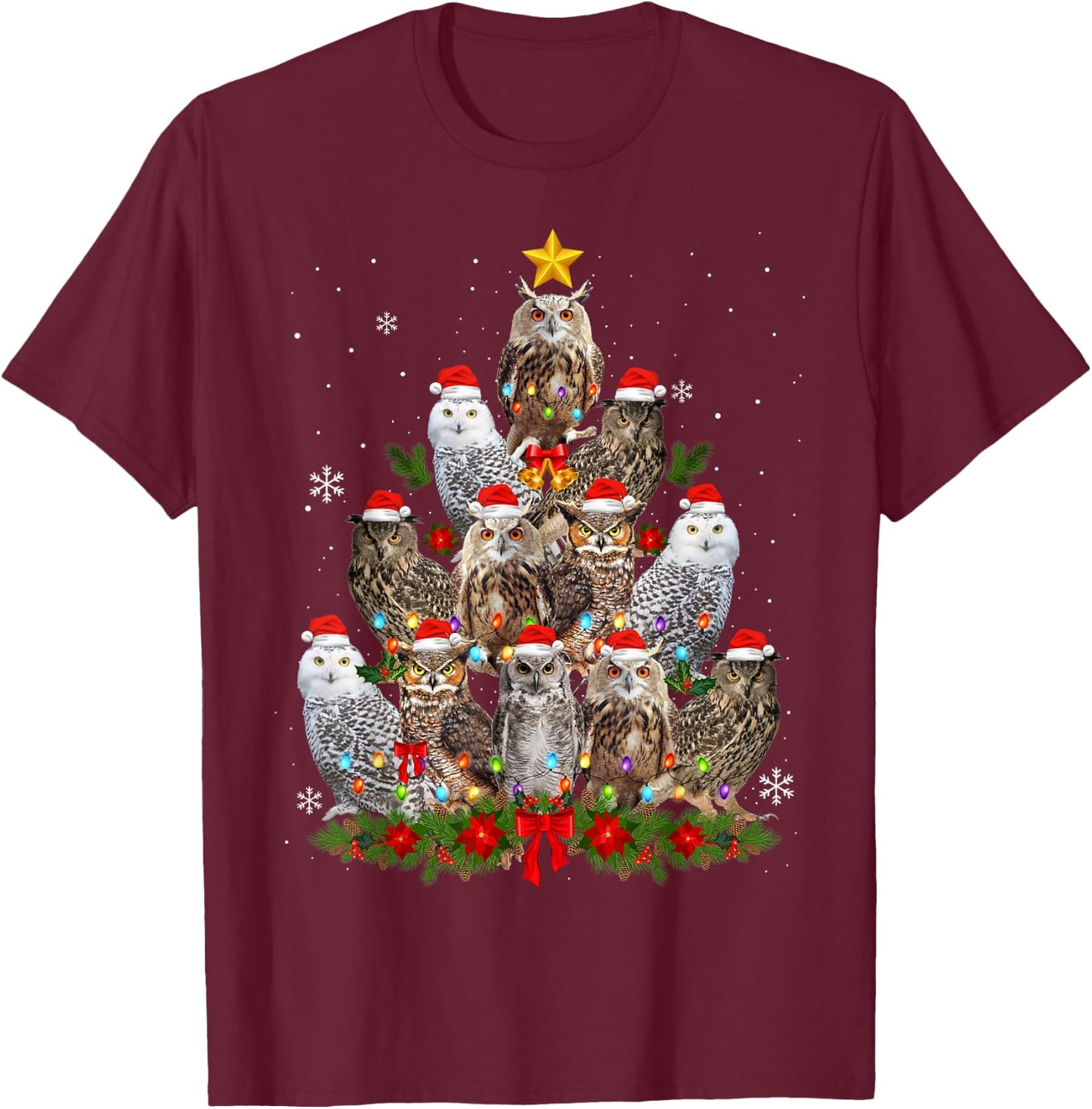 Owl Christmas Tree Owl Xmas Lights Cute Christmas Matching T-Shirt - T-Shirt | Maroon