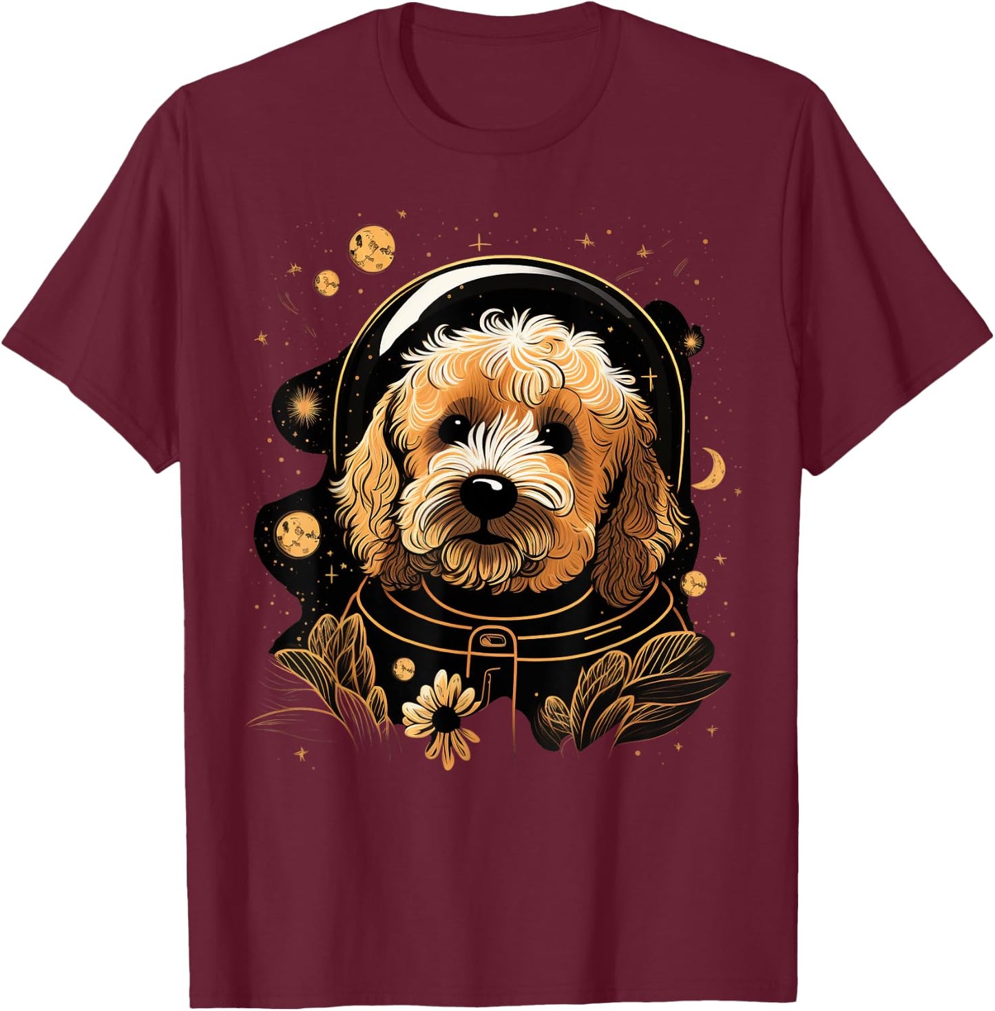 Outer Space Goldendoodle on Galaxy Astronaut Golden Doodle T-Shirt - T-Shirt | Maroon