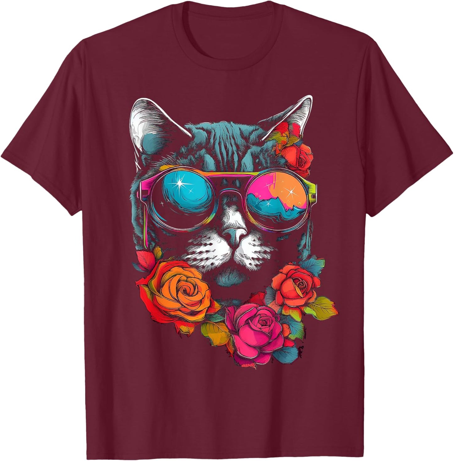 Cat Lover Artwork | Sunglasses Flower Animal Motif Cat T-Shirt - T-Shirt | Maroon