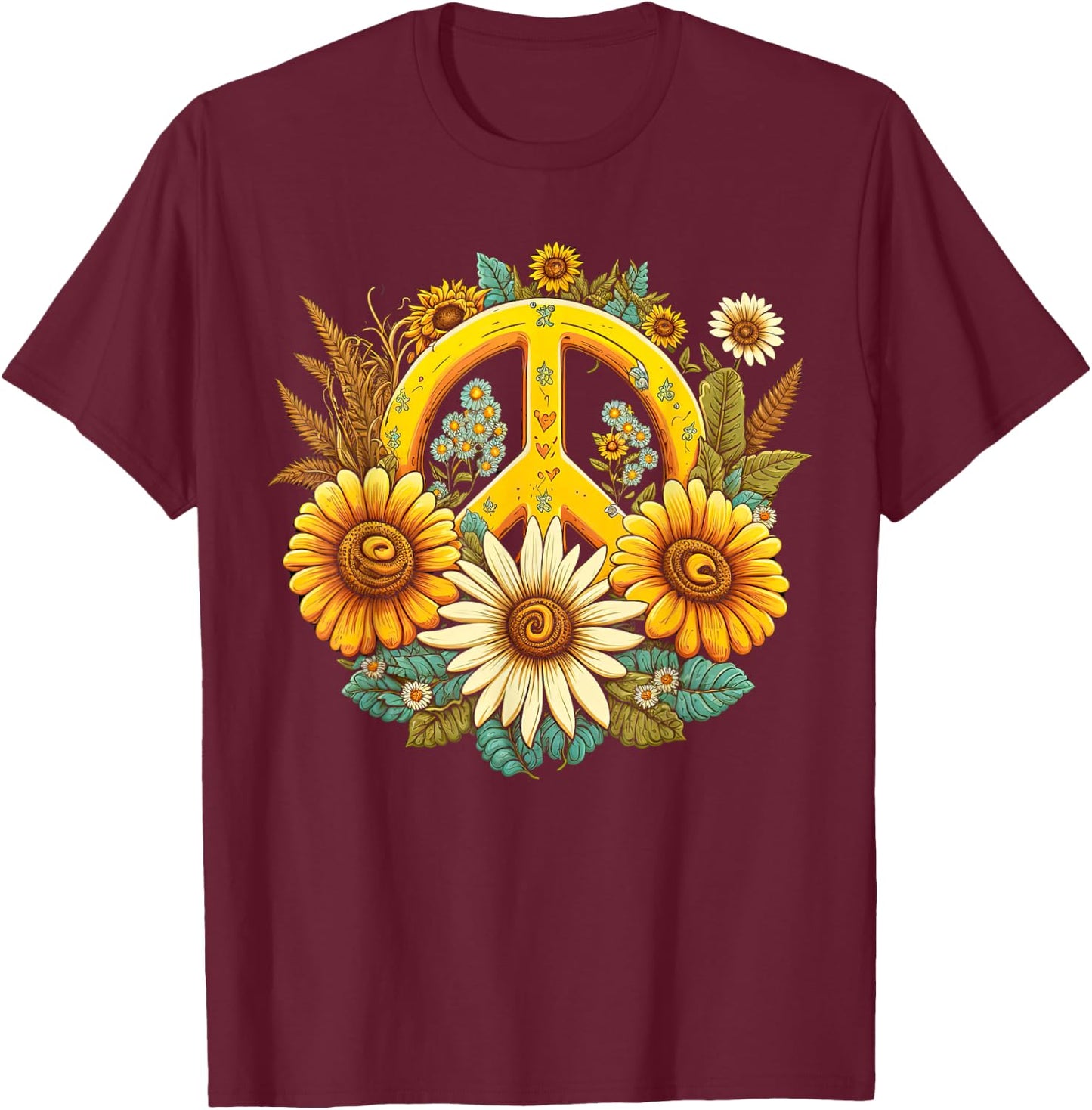Hippie Daisy Peace Sign Retro Flowers Sunflower Groovy Vibes T-Shirt - T-Shirt | Maroon