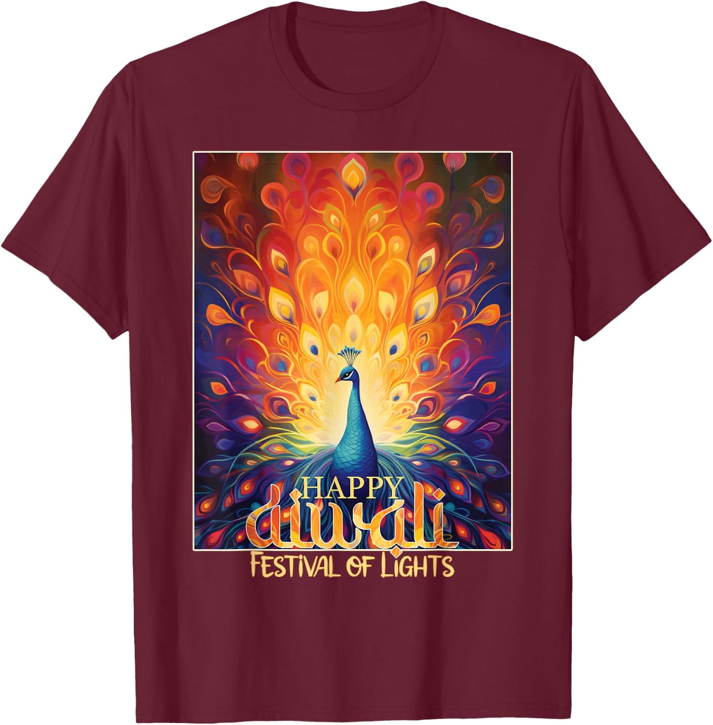 Happy Diwali Festival of Lights Vibrant Peacock Deepavali T-Shirt - T-Shirt | Maroon