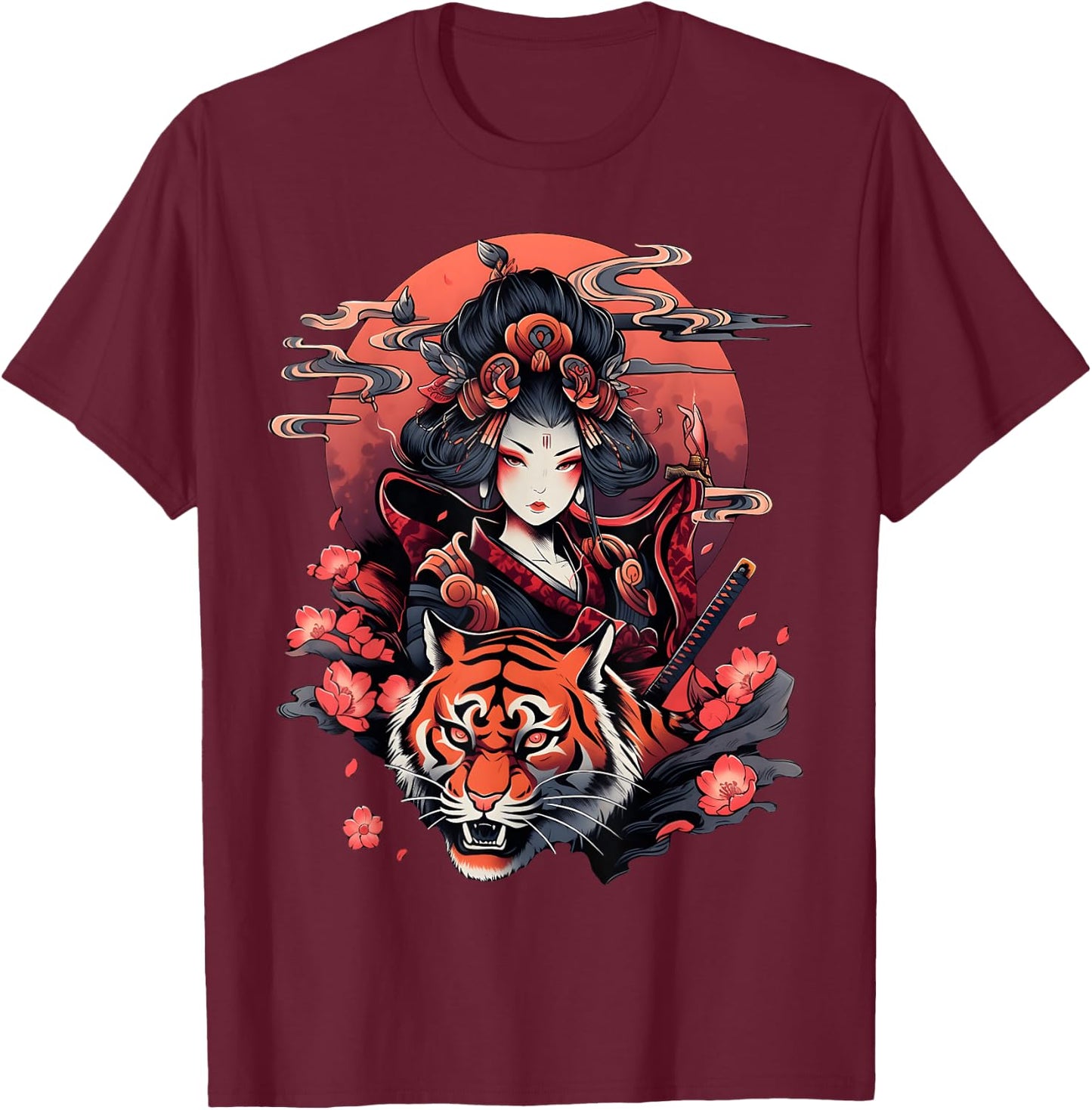 Showcase Your Love for Japanese Culture Geisha and Tiger T-Shirt - T-Shirt | Maroon