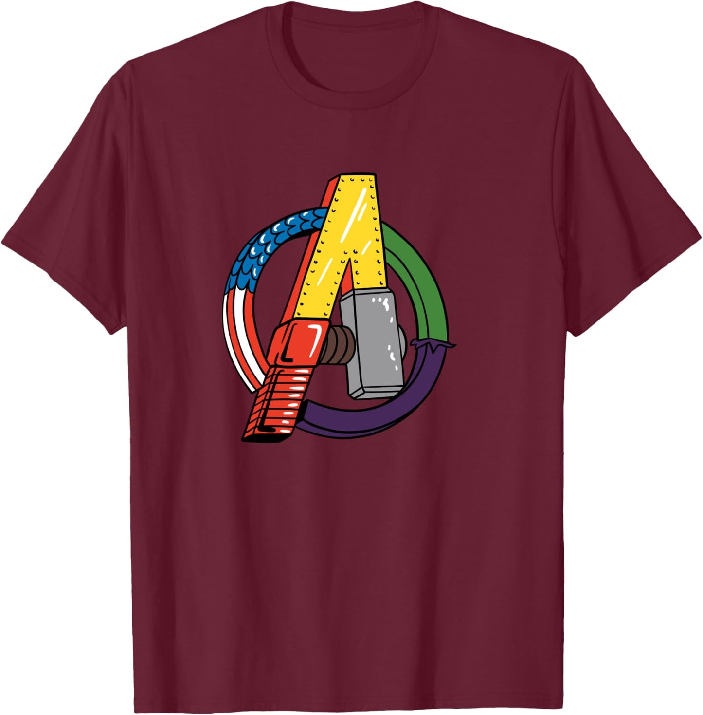 Amazon Essentials Marvel Avengers Multi Hero Logo Collage T-Shirt - T-Shirt | Maroon