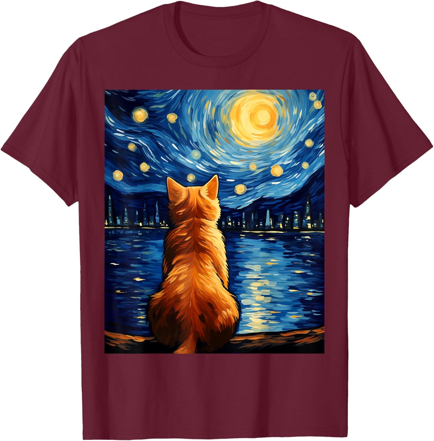 Vincent Van Gogh Starry Night Cat Funny Orange Cat Lover Women Girls Kids T-Shirt - T-Shirt | Maroon