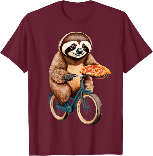 Sloth Riding a Bicycle Eating Pizza - I love sloth and Pizza T-Shirt - T-Shirt | Maroon