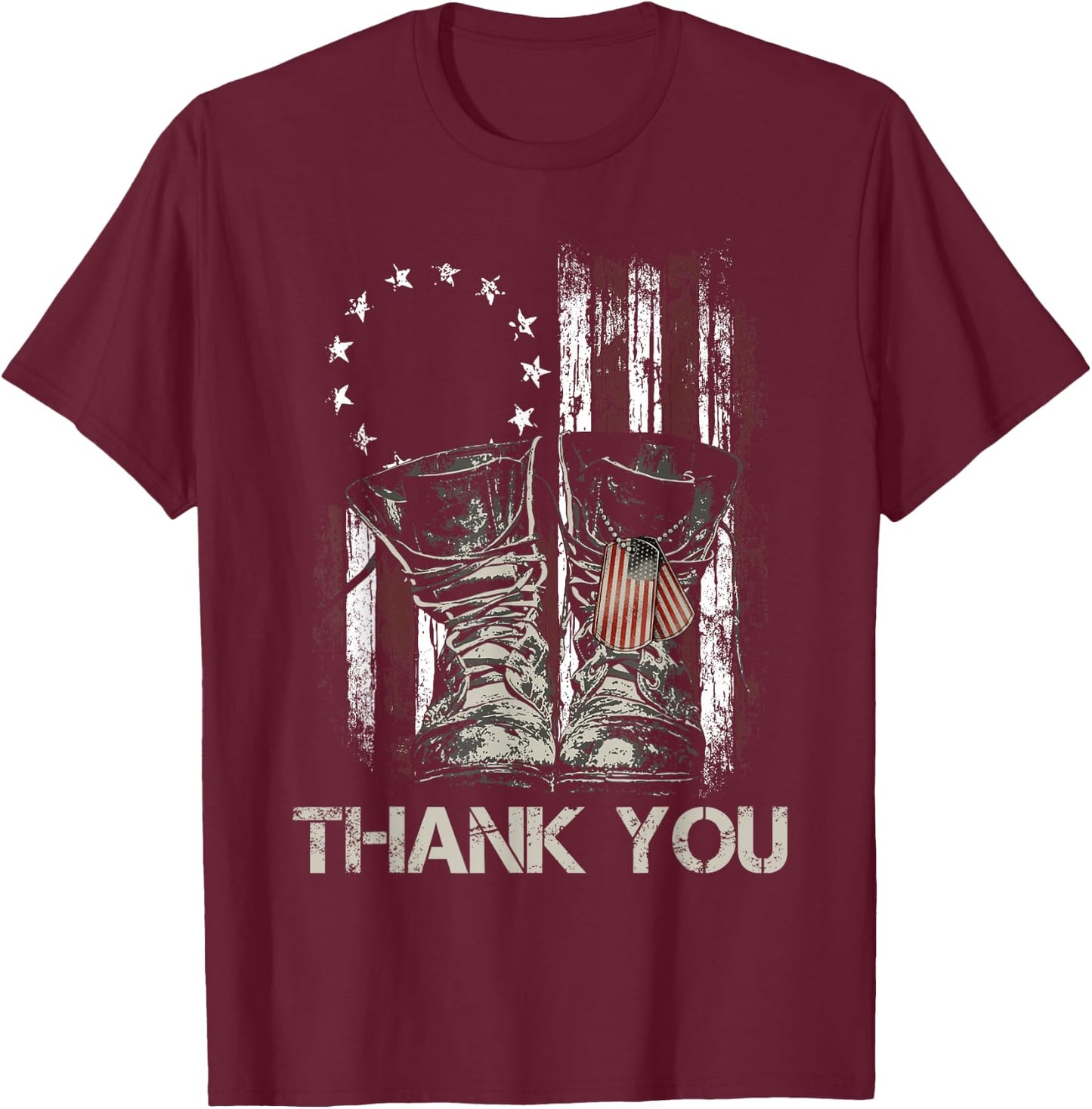 American Flag US Veteran Combat Boots Thank You Veterans T-Shirt - T-Shirt | Maroon