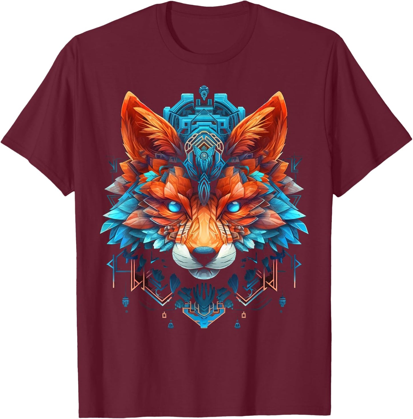 Fox Mandala Blue Eyes Animal Art Fox T-Shirt - T-Shirt | Maroon