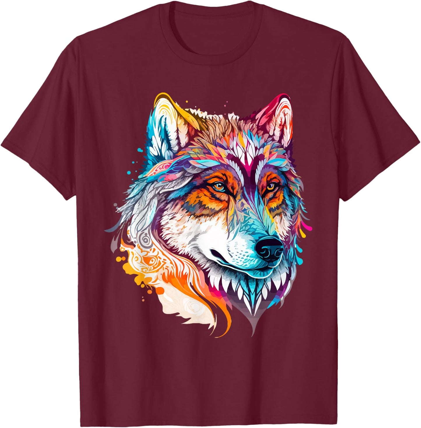 Colorful Wolf Portrait Pop Art T-Shirt - T-Shirt | Maroon