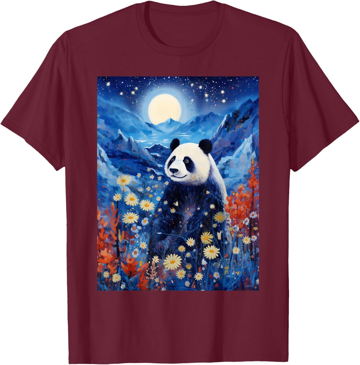 Panda Starry Night Van Gogh Style Graphic T-Shirt - T-Shirt | Maroon