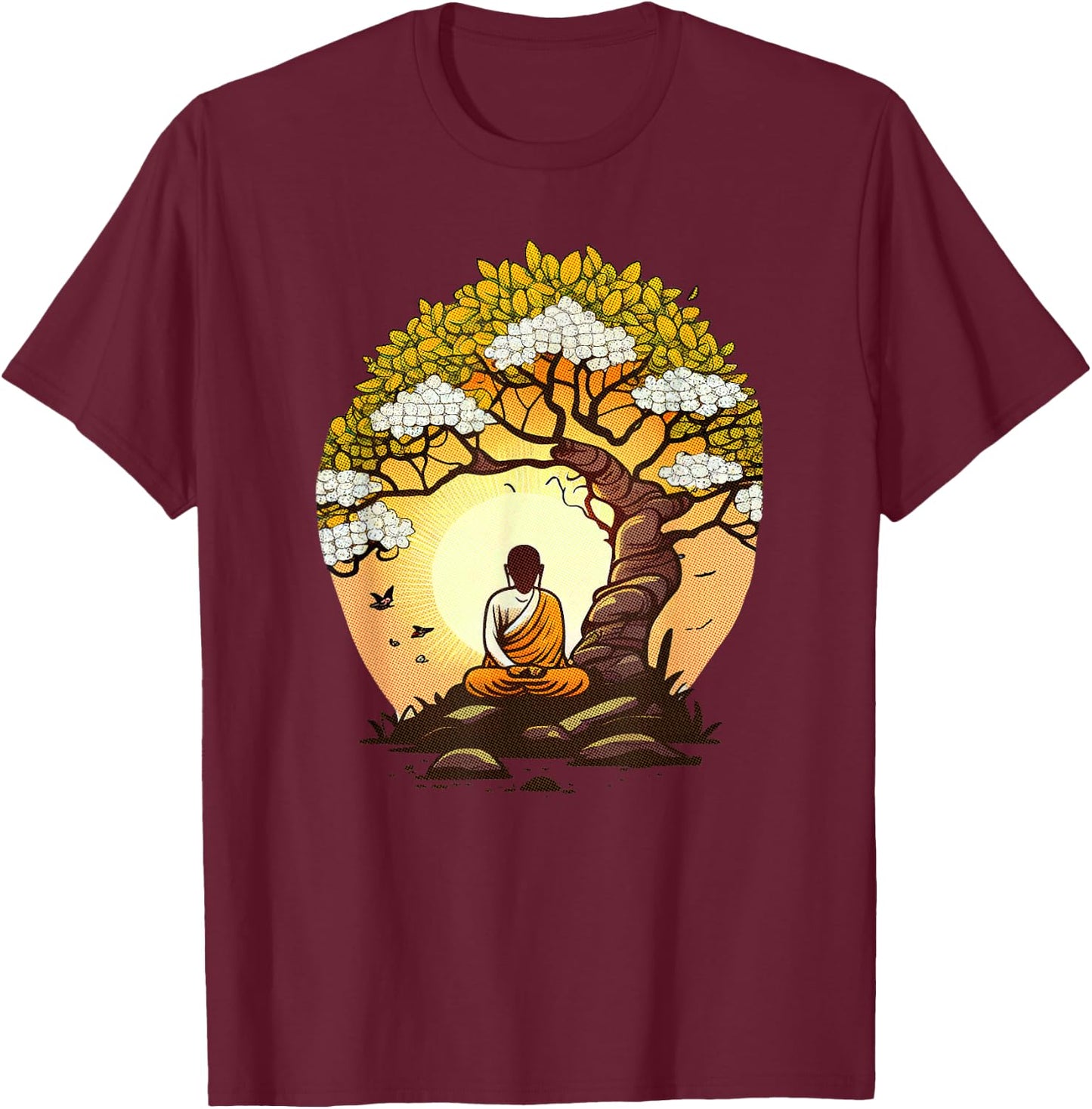 Buddha Sitting Under a Tree - Zen Meditation Lover T-Shirt - T-Shirt | Maroon