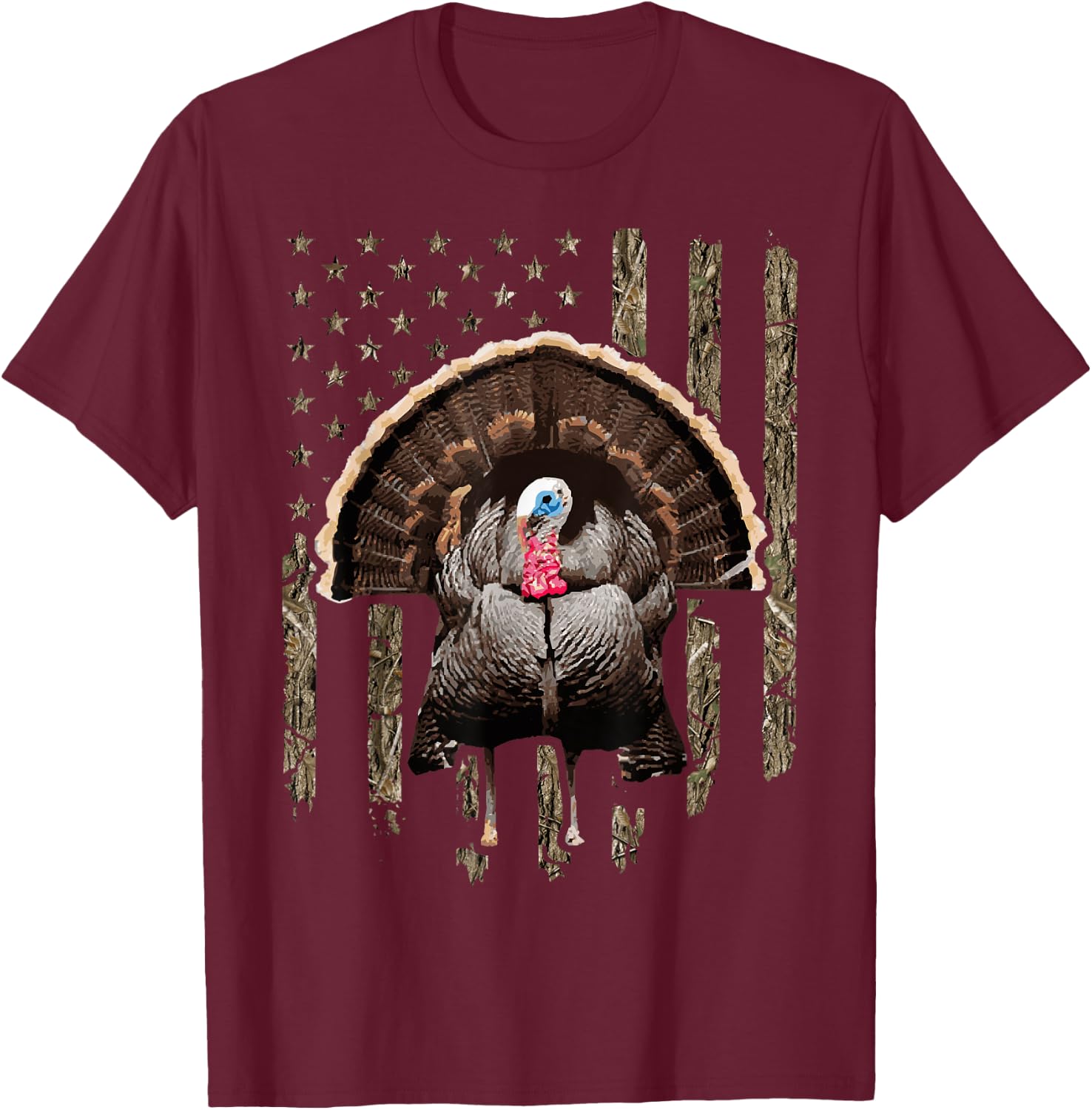 Turkey Hunting Graphic American Flag Tree Camouflage T-Shirt - T-Shirt | Maroon
