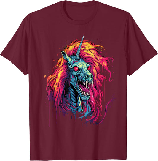 Halloween Zombie Unicorn Skull Colorful Halloween Graphic T-Shirt - T-Shirt | Maroon