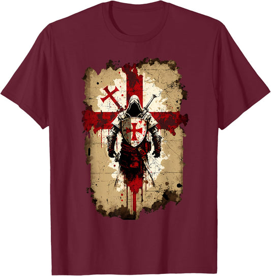 Knights Templar Crusader Cross Soldier of Christ Flag T-Shirt - T-Shirt | Maroon