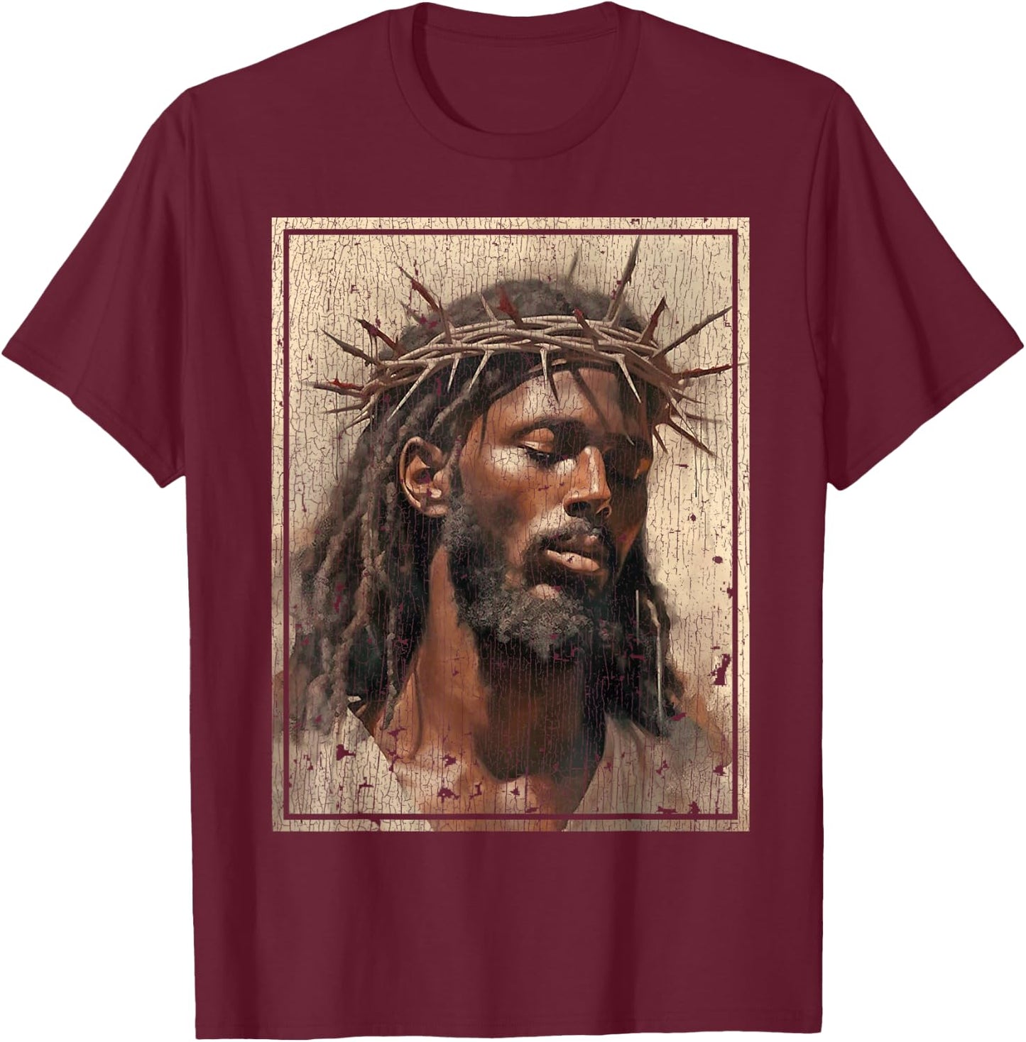 Black Jesus Shirt Face Of Jesus Cross With Crown Of Thorns T-Shirt - T-Shirt | Maroon