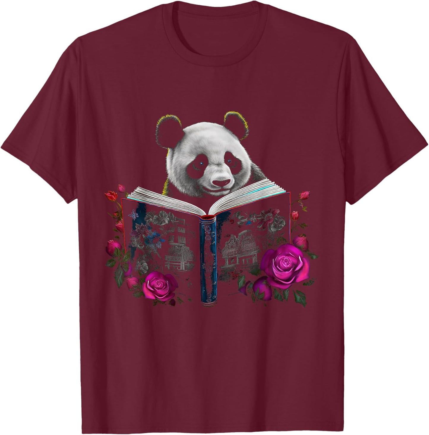 Panda reading a Book - Flowers | Animal Rose Motif Panda T-Shirt - T-Shirt | Maroon