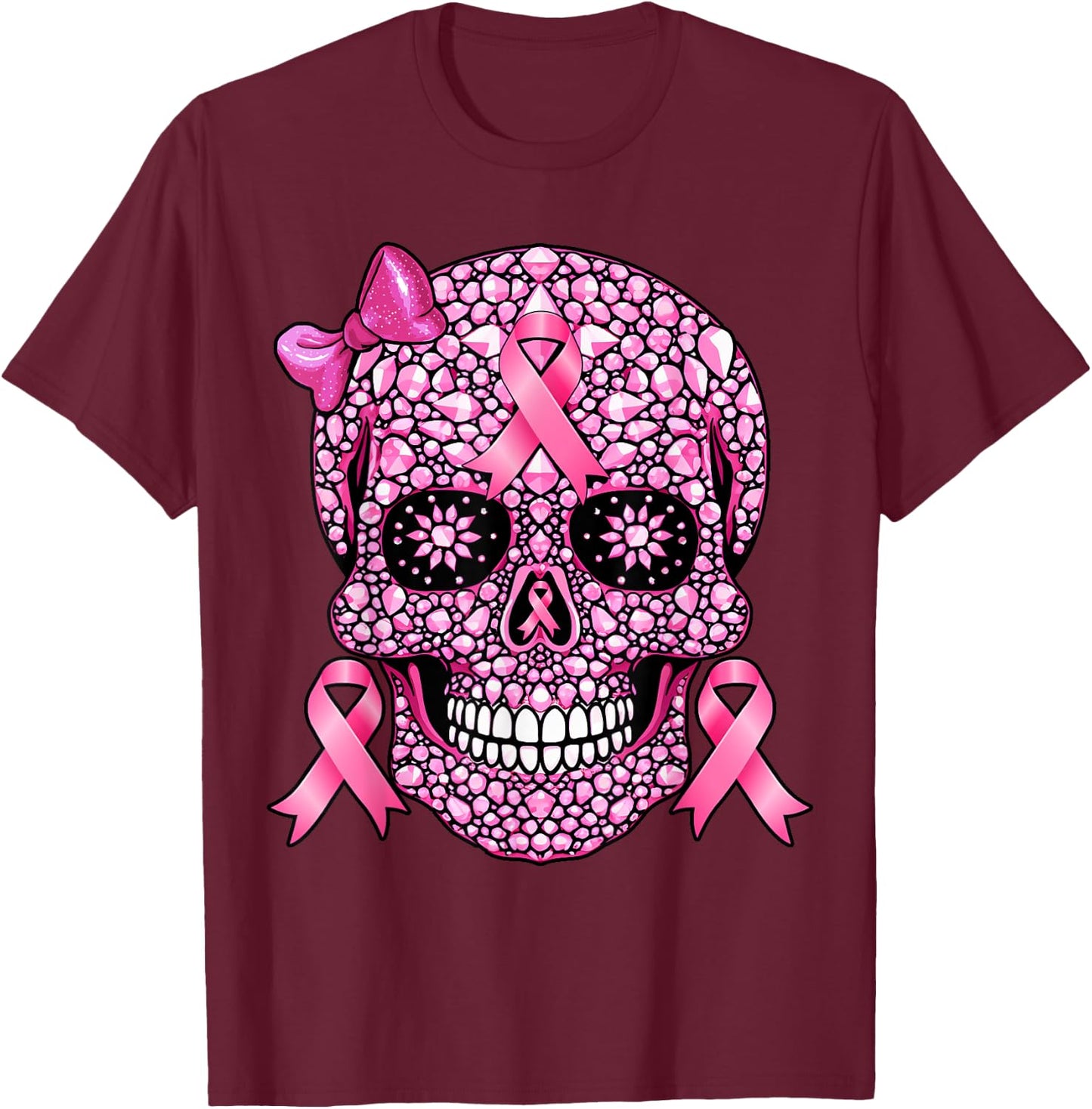 Sugar Skull Pink Ribbon Breast Cancer Awareness Girls Women T-Shirt - T-Shirt | Maroon