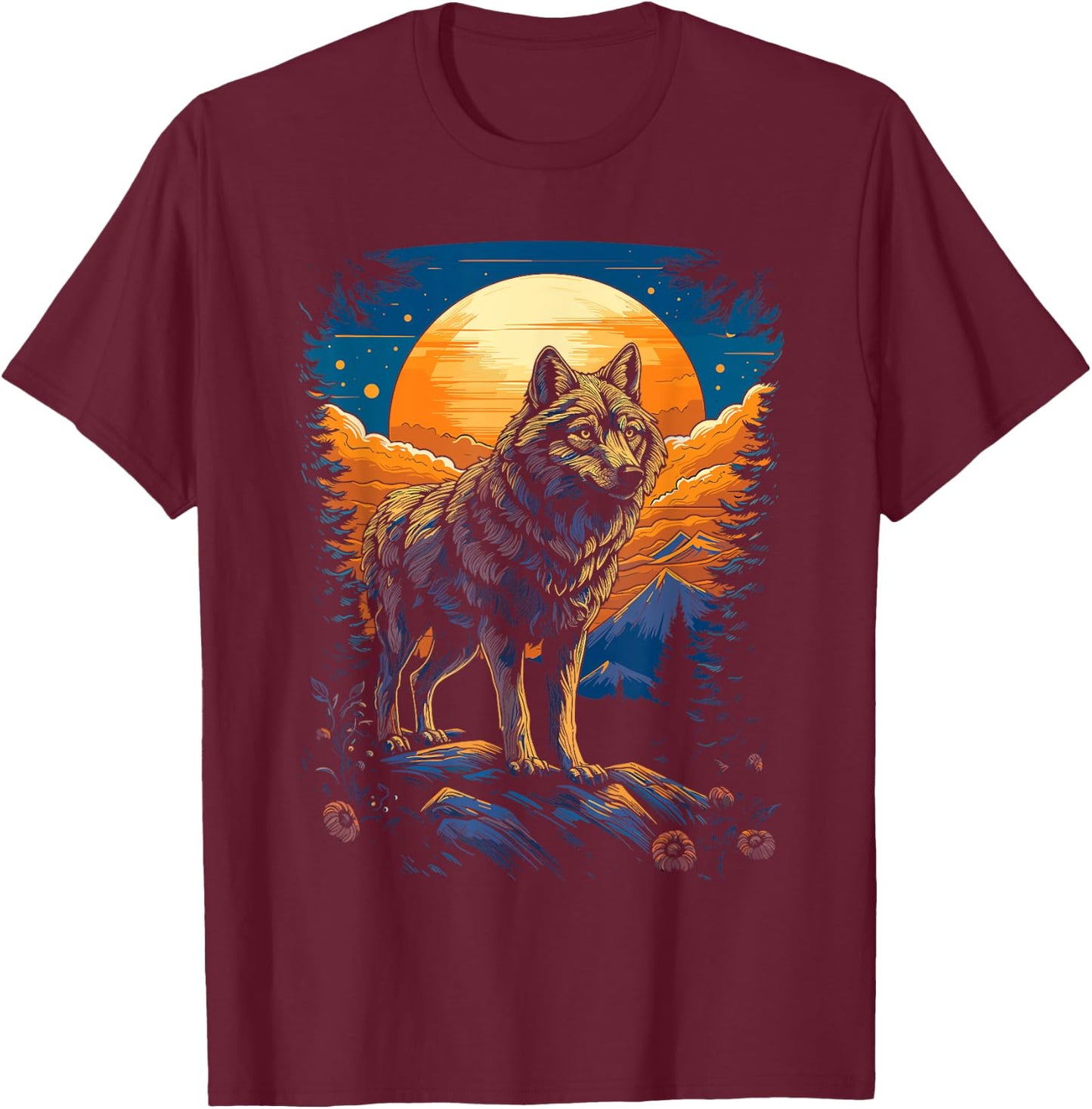 Wolf and Moon, Forest, Nature Art Women, Men T-Shirt - T-Shirt | Maroon