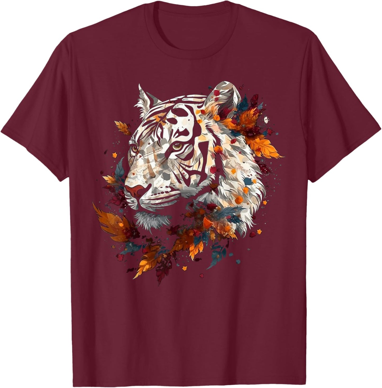 Tiger Artwork - Autumn Leaves Zoo Animal Tiger T-Shirt - T-Shirt | Maroon