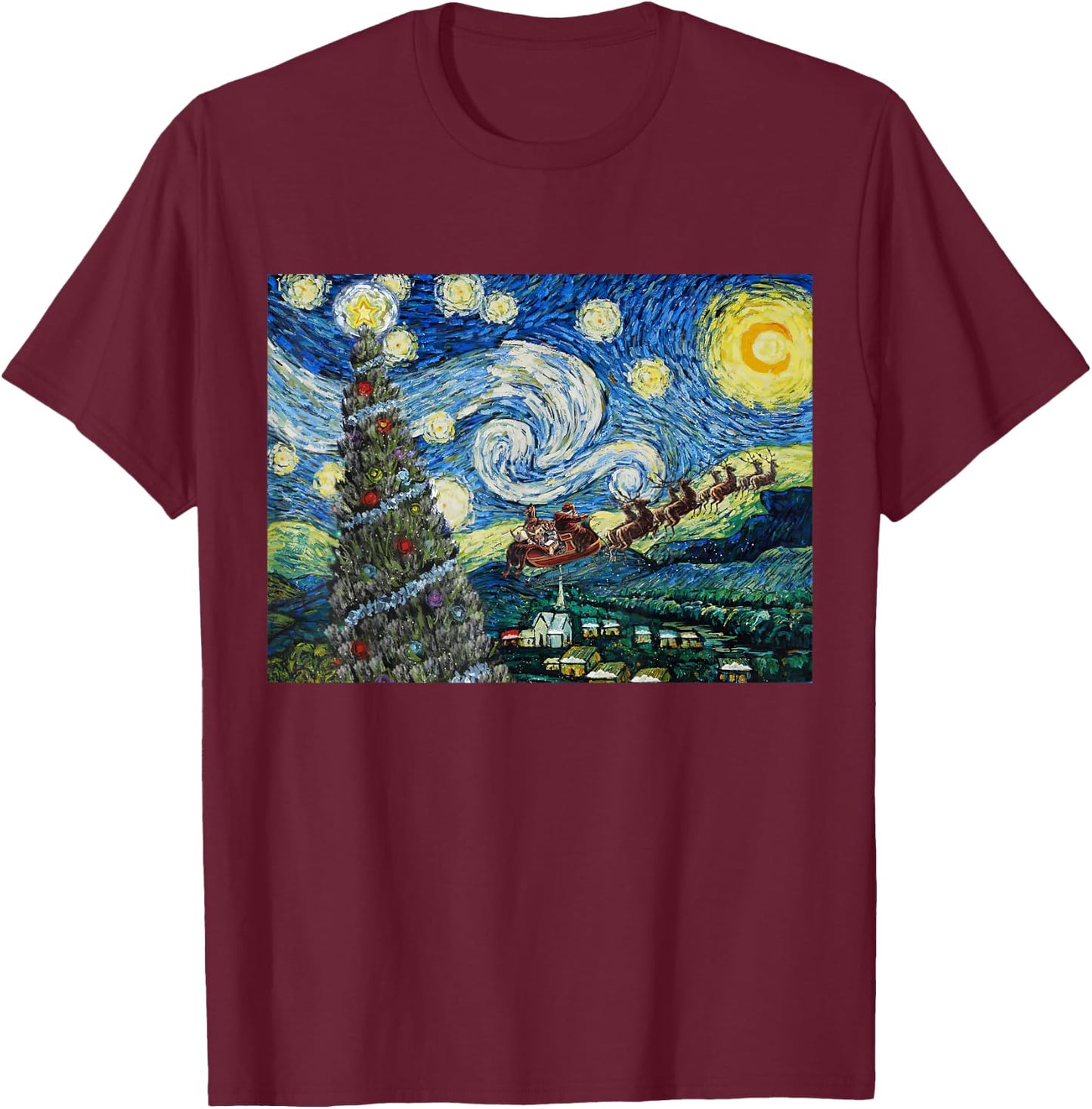 Funny Christmas Tree Van Gogh Starry Night Xmas Art Gifts PJ T-Shirt - T-Shirt | Maroon