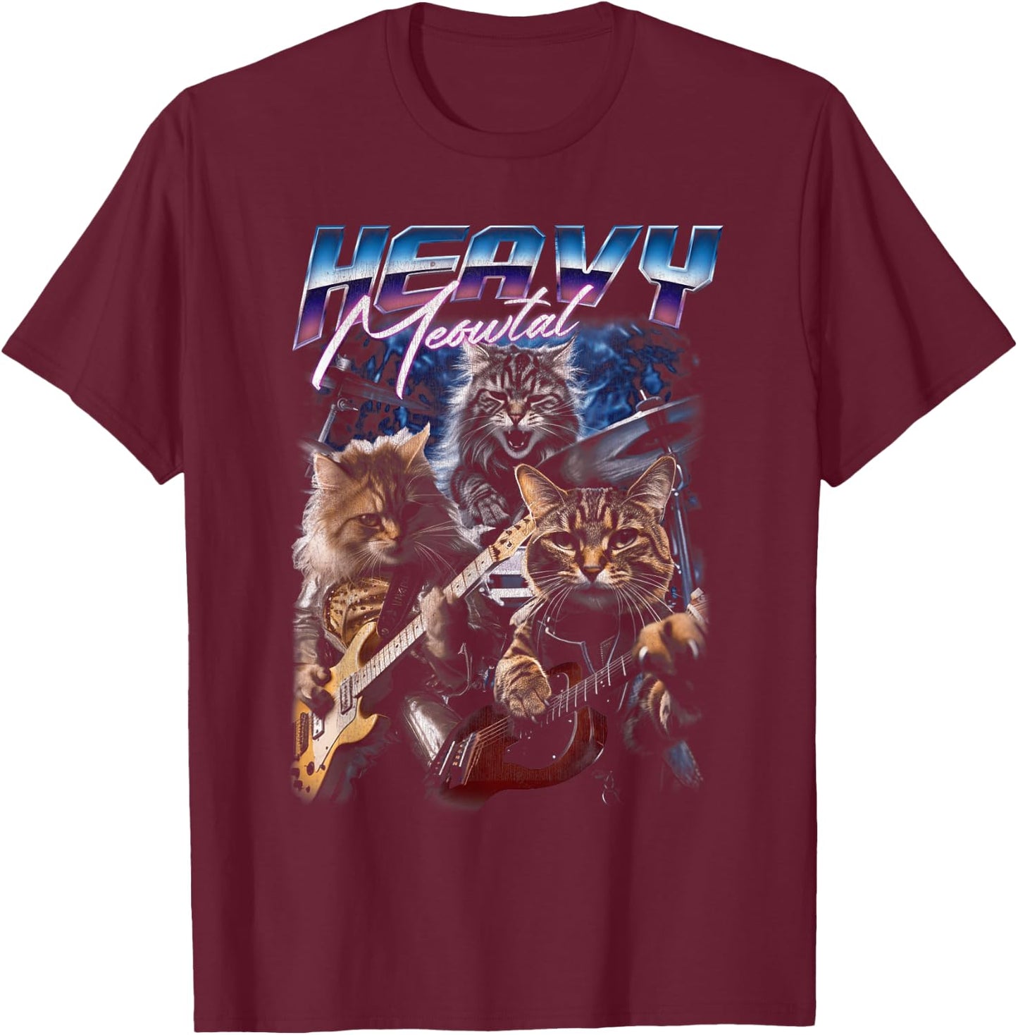 Heavy Meowtal Distressed Rock Cat Playing Guitar Music Bands T-Shirt - T-Shirt | Maroon