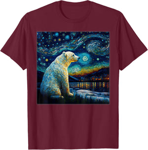 Surrealism Starry Night Polar Bear T-Shirt - T-Shirt | Maroon