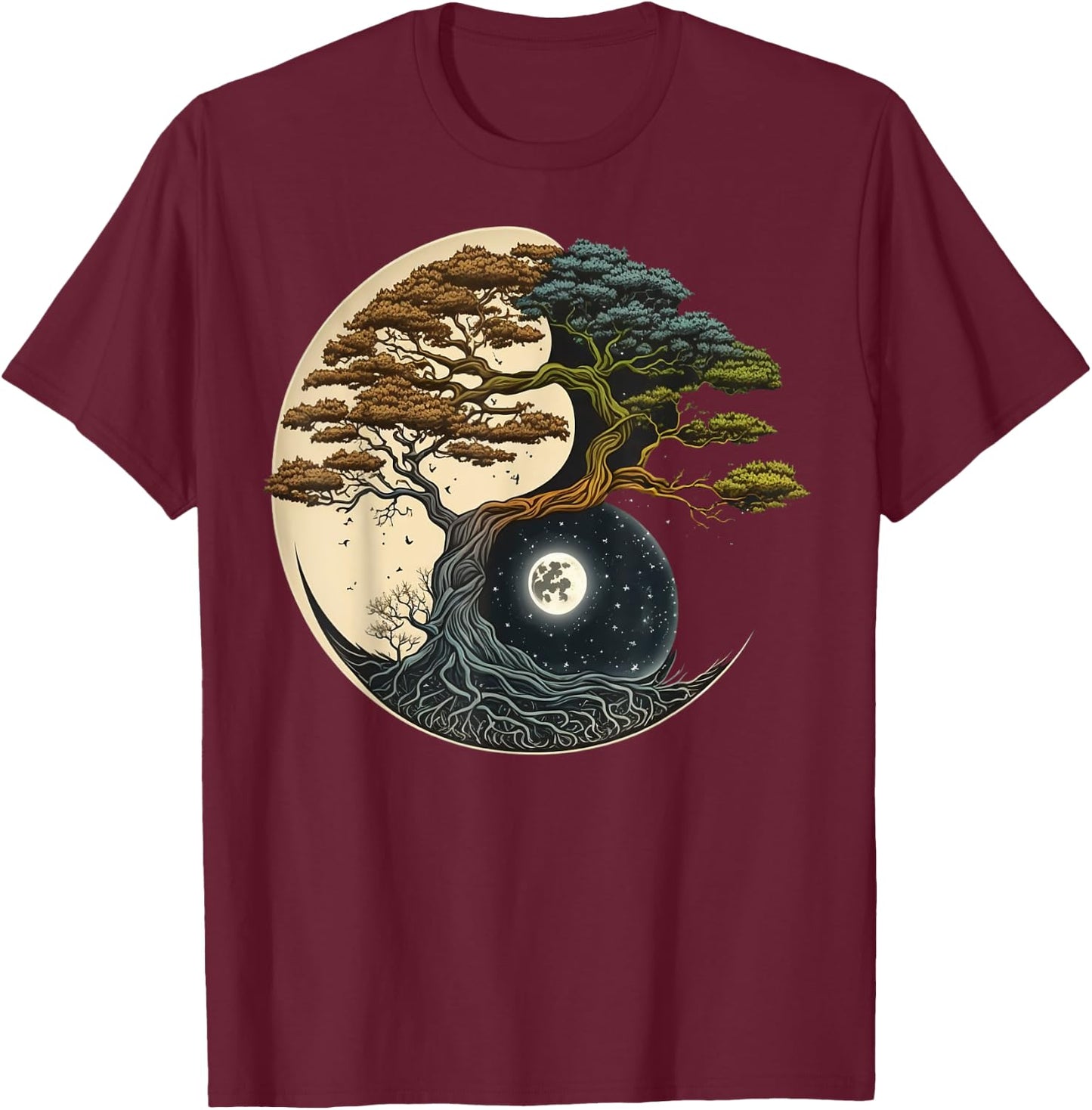 Yin Yang Miniature Tree of Life on Buddhist Bonsai Tree T-Shirt - T-Shirt | Maroon