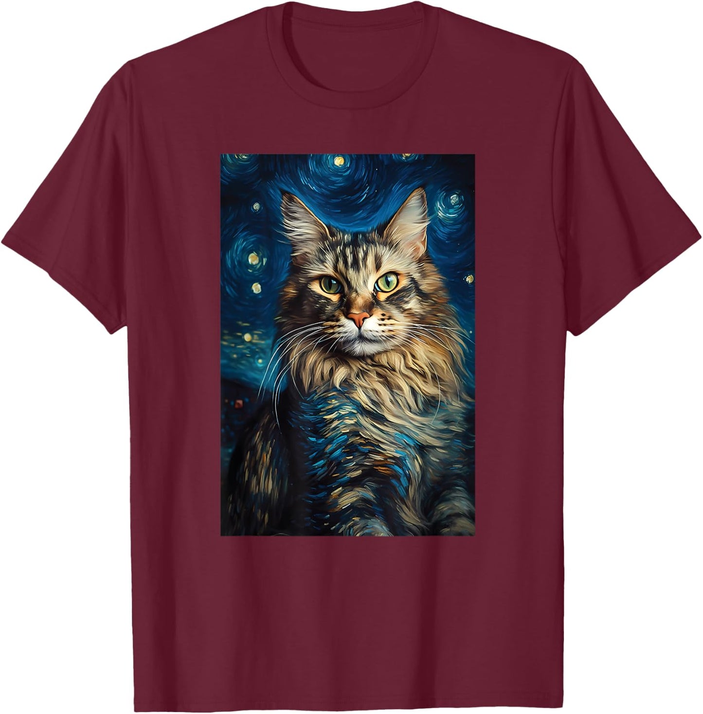 Maine Coon cat painting kitten Van Gogh art Starry Night sky Men Women Kids T-Shirt - T-Shirt | Maroon