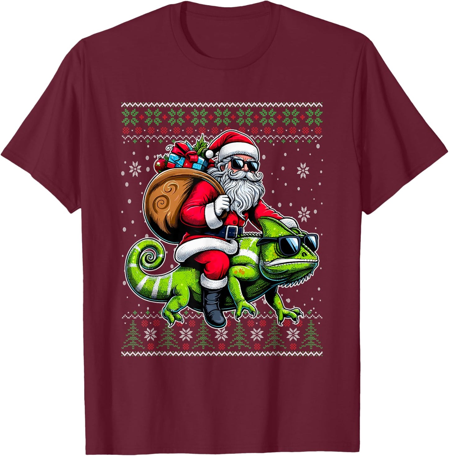 Christmas Santa Riding Chameleon Ugly Christmas Sweater T-Shirt - T-Shirt | Maroon