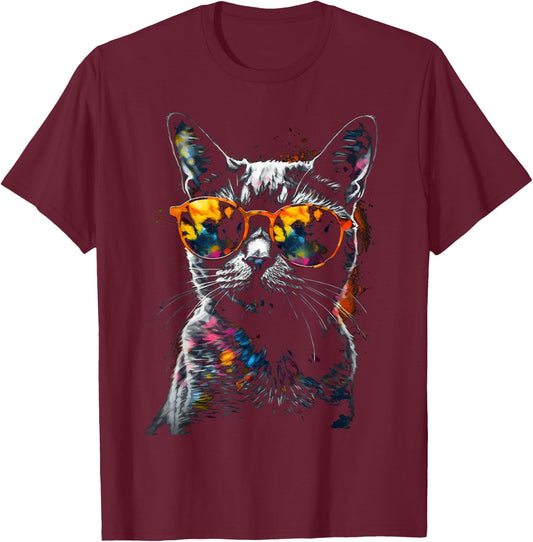 Cat Sunglasses - Pet Animal Art Cat T-Shirt - T-Shirt | Maroon