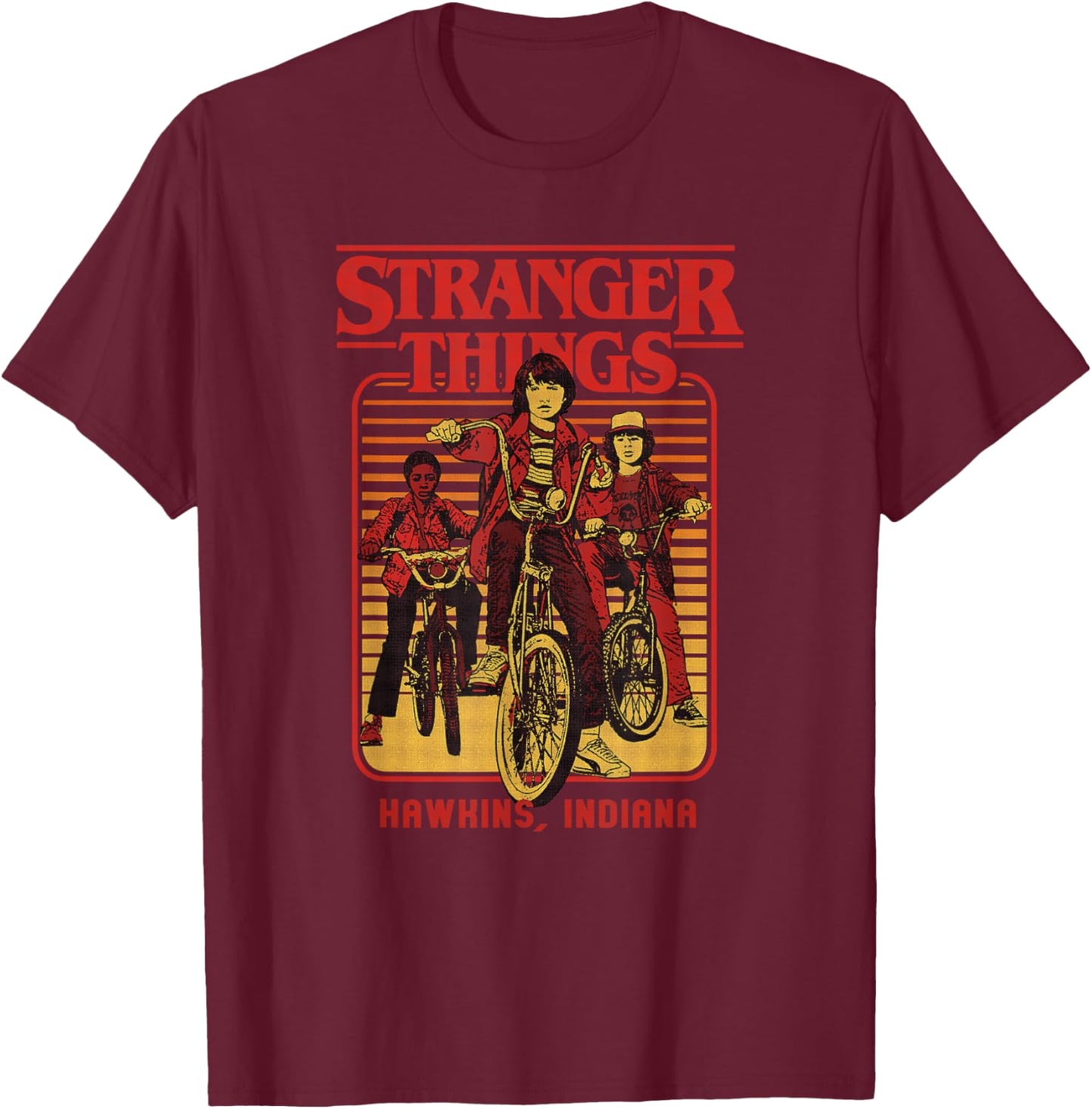 Stranger Things Retro Vintage Hawkins Indiana Bike Group T-Shirt - T-Shirt | Maroon