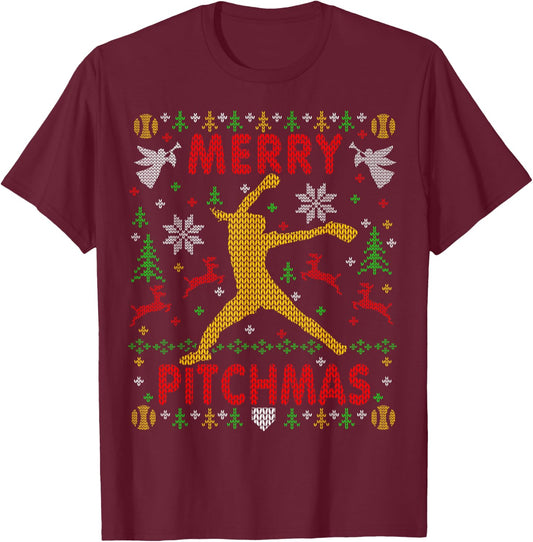 Merry Pitchmas Fastpitch Softball Pitcher Ugly Christmas T-Shirt - T-Shirt | Maroon