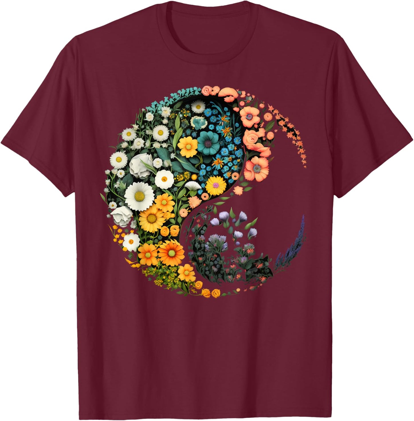Flower Taoism Yin Yang Symbol on Zen Taijitu Yin Yang T-Shirt - T-Shirt | Maroon