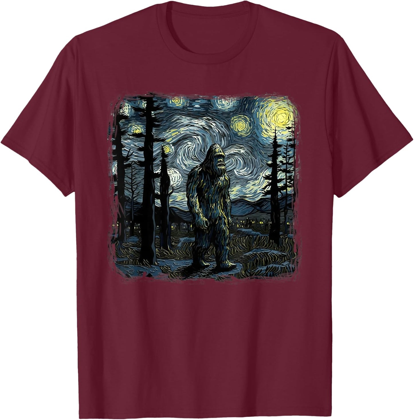 Bigfoot Starry Night Sasquatch Van Gogh Sky Painting Art T-Shirt - T-Shirt | Maroon