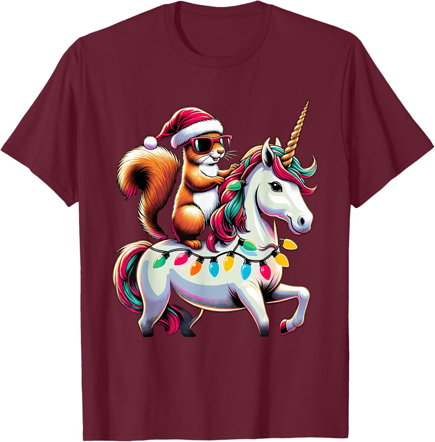 Christmas Lights Squirrel Riding Unicorn T-Shirt - T-Shirt | Maroon