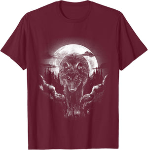 Wolf Animal Moon Drawing Animal Motif Wolf T-Shirt - T-Shirt | Maroon