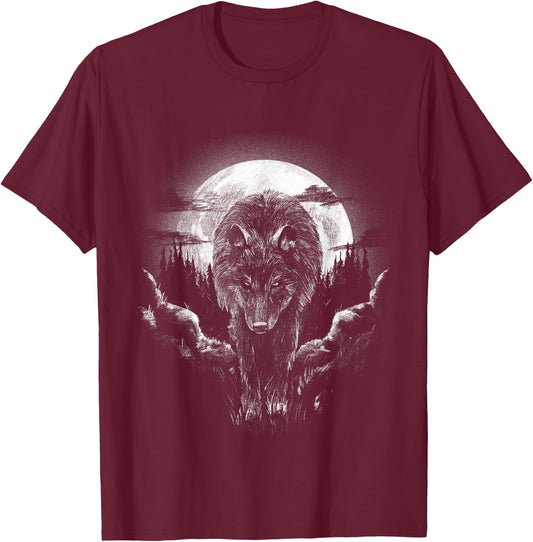 Wolf Animal Moon Drawing Animal Motif Wolf T-Shirt - T-Shirt | Maroon