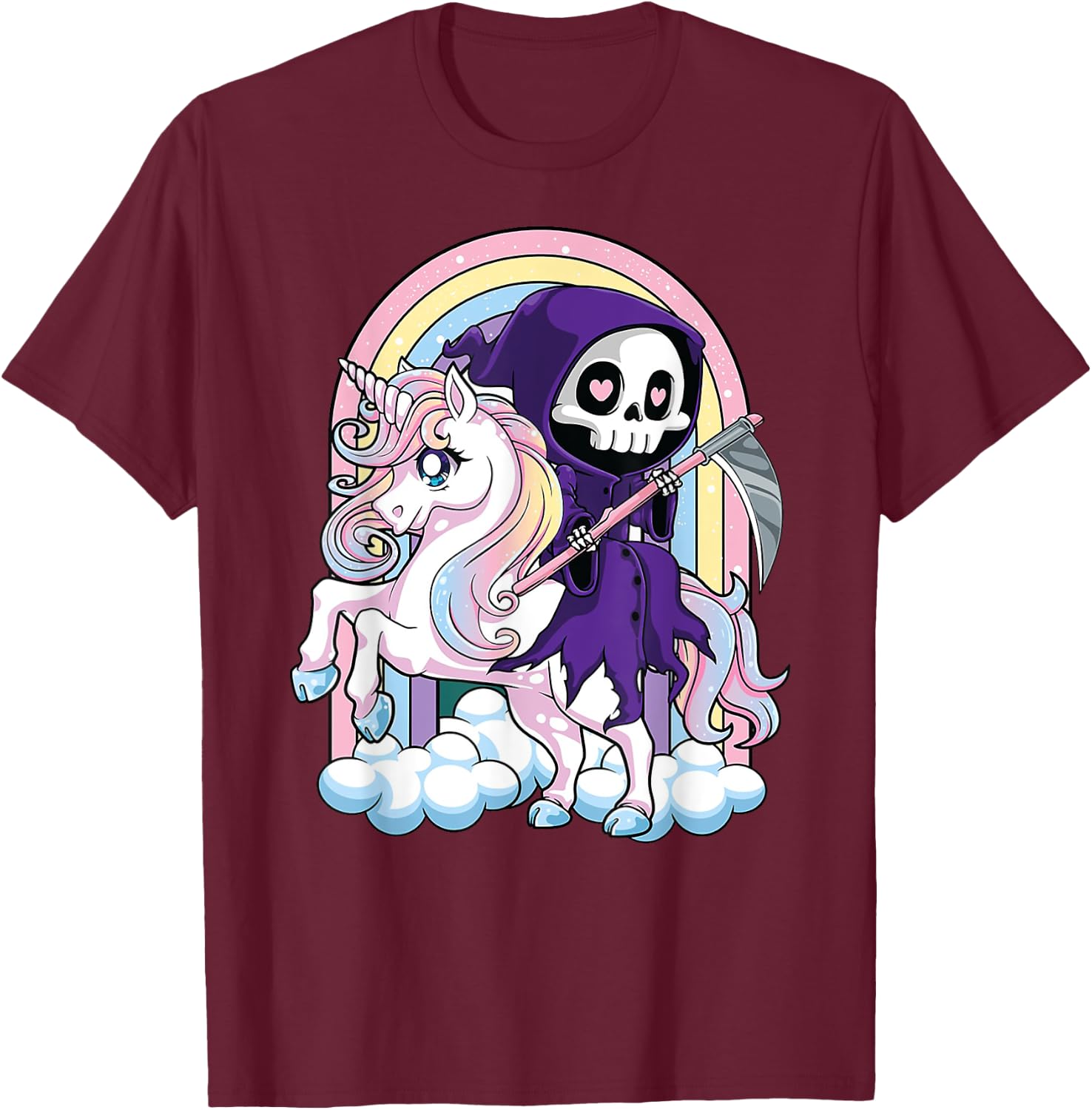 Kawaii Pastel Goth Cute Halloween Grim Reaper Riding Unicorn T-Shirt - T-Shirt | Maroon