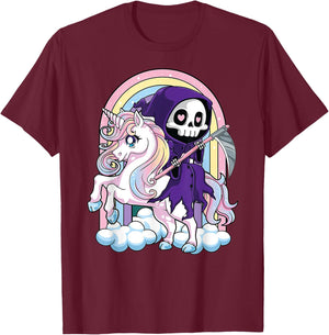 Kawaii Pastel Goth Cute Halloween Grim Reaper Riding Unicorn T-Shirt - T-Shirt | Maroon