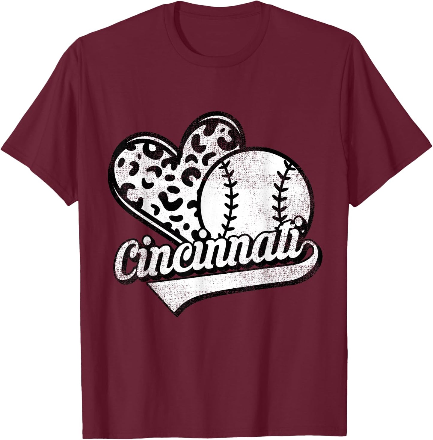 Vintage Cincinnati Baseball Leopard Heart Baseball Fans T-Shirt - T-Shirt | Maroon