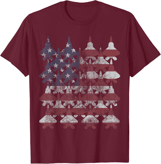 F22 Raptor Patriotic Red White Blue USA Flag Fighter Jets T-Shirt - T-Shirt | Maroon