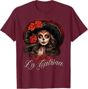La Catrina Dress Stylish Day of The Dead Costume La Catrina T-Shirt - T-Shirt | Maroon