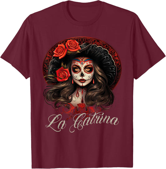 La Catrina Dress Stylish Day of The Dead Costume La Catrina T-Shirt - T-Shirt | Maroon