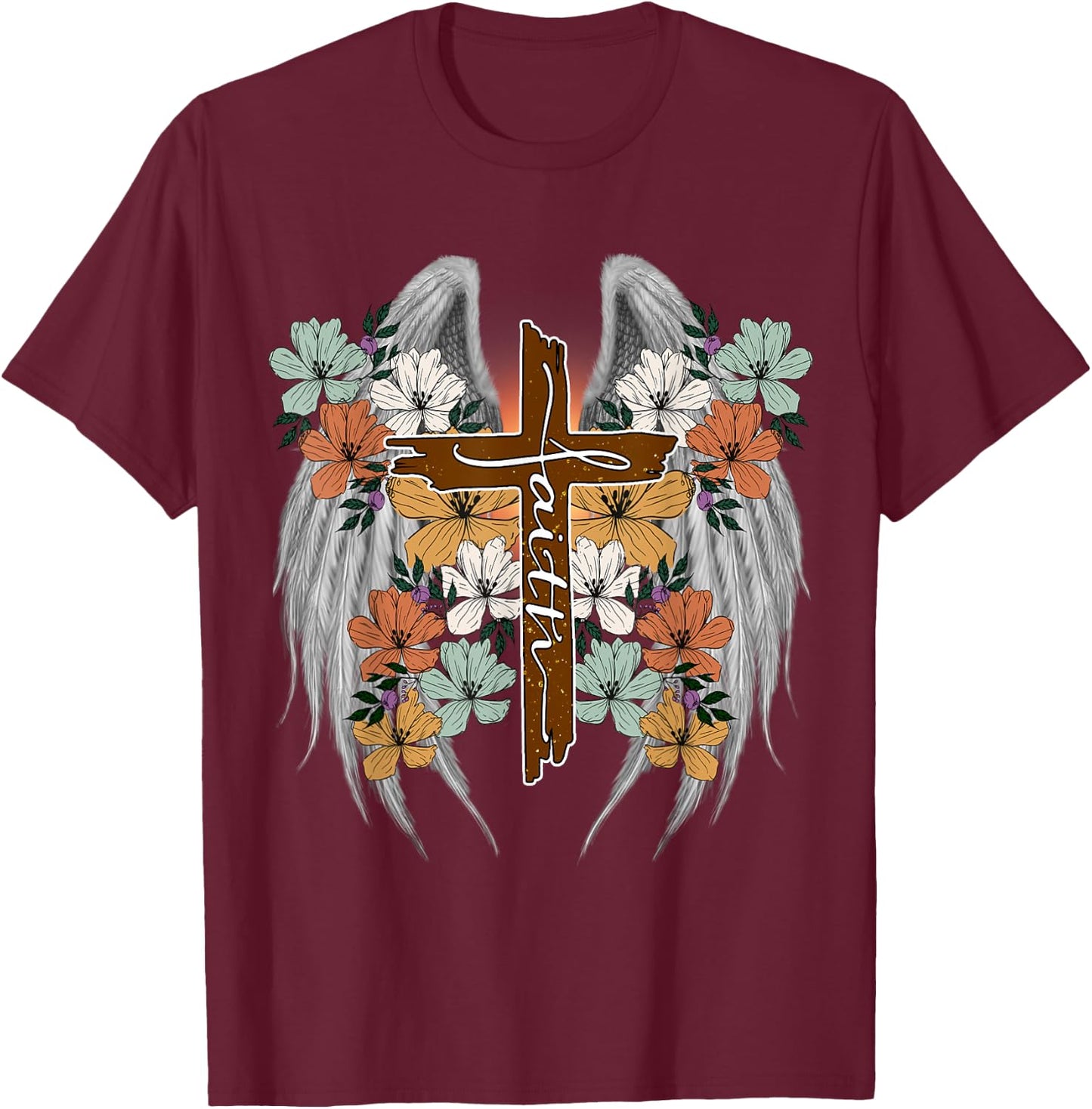Cross Flowers Angel wings Faith Religious T-Shirt - T-Shirt | Maroon
