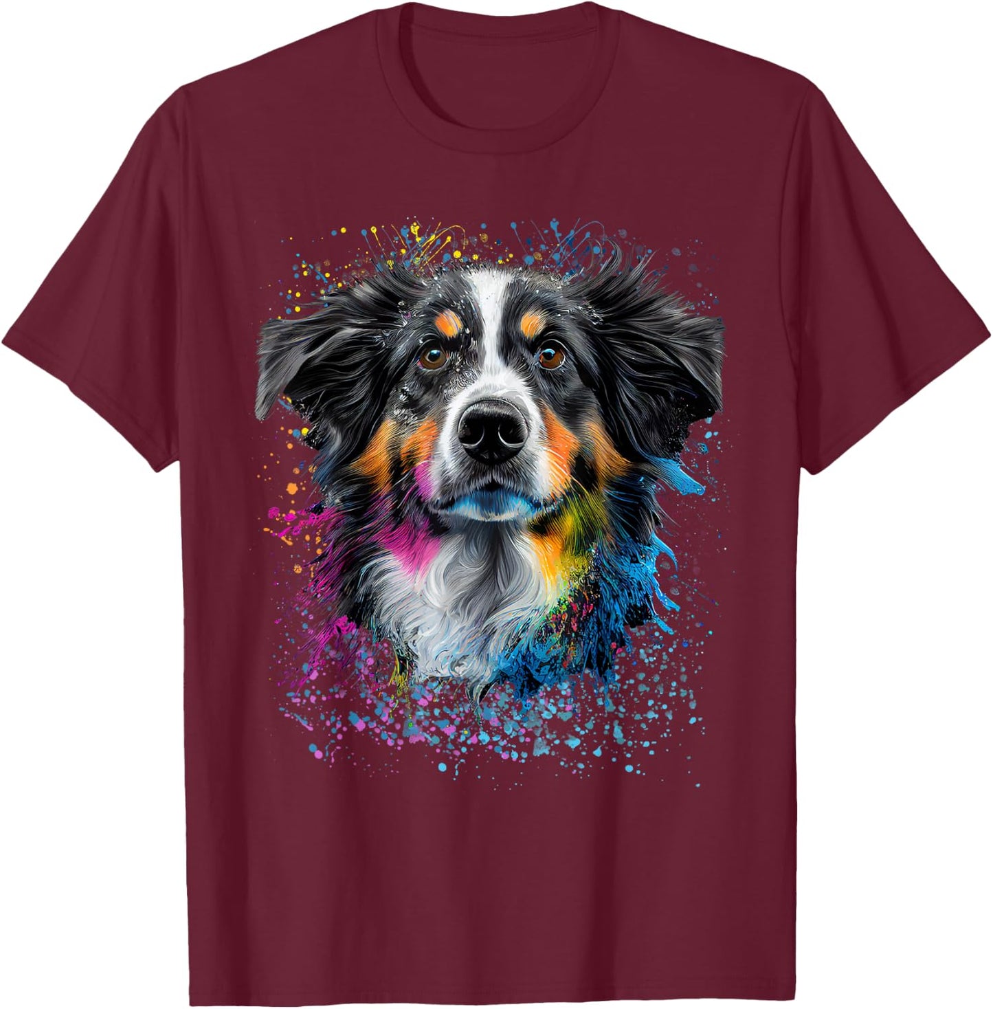 Colorful Splash Art Australian Shepherd Portrait Puppy T-Shirt - T-Shirt | Maroon